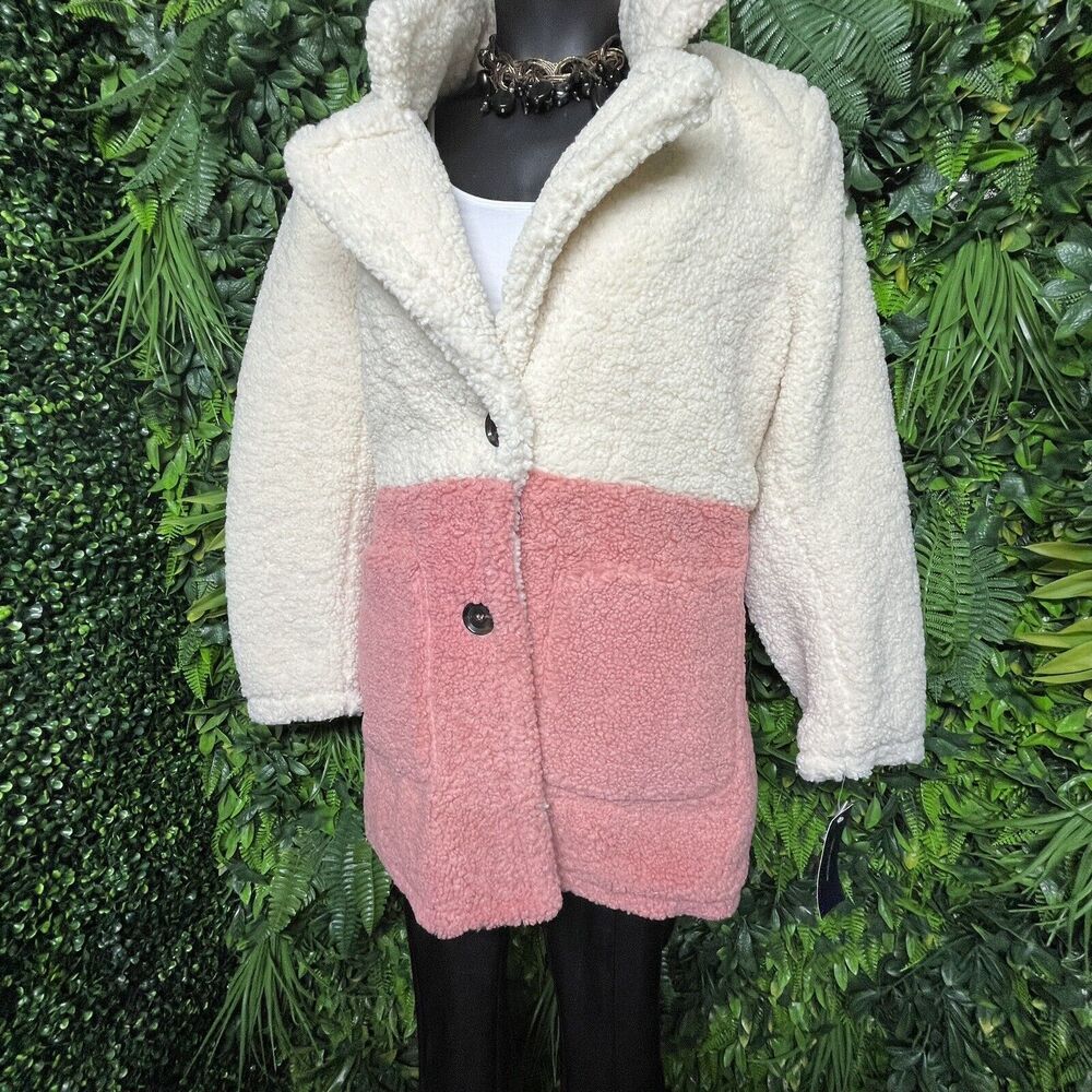 FRENCH CONNECTION Women Jacket XL Blazer Cream Pink Teddy Fleece Faux Fur NWT - Picture 3 of 10